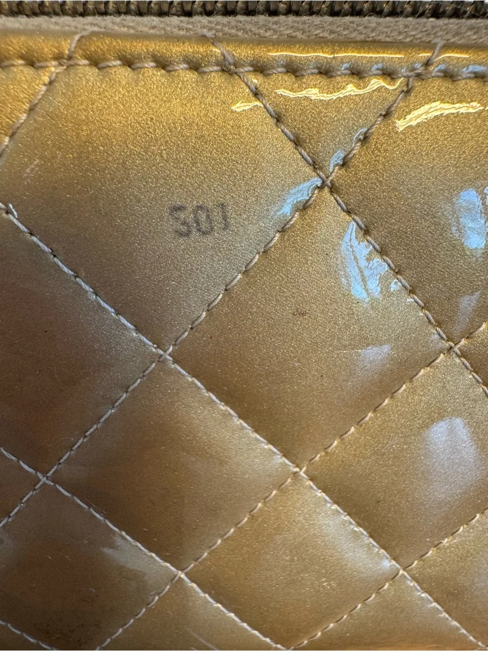 CHANEL Metallic Gold Quilted Patent Leather Zippy Long Wallet w/COA